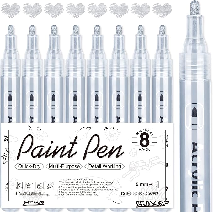 AKARUED Silver Acrylic Paint Markers, 8 Pack Acrylic Silver Paint Pen Sets by AKARUED