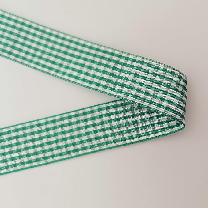 Green and White Woven Edge Plaid Ribbon 100% Polyester Gingham Ribbon 25 Yards Each Roll (1",Green)
