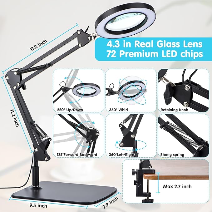 LED Magnifier Desk Lamp with Stand and Clamp, 3 Color Modes & Stepless Dimming - Image 4
