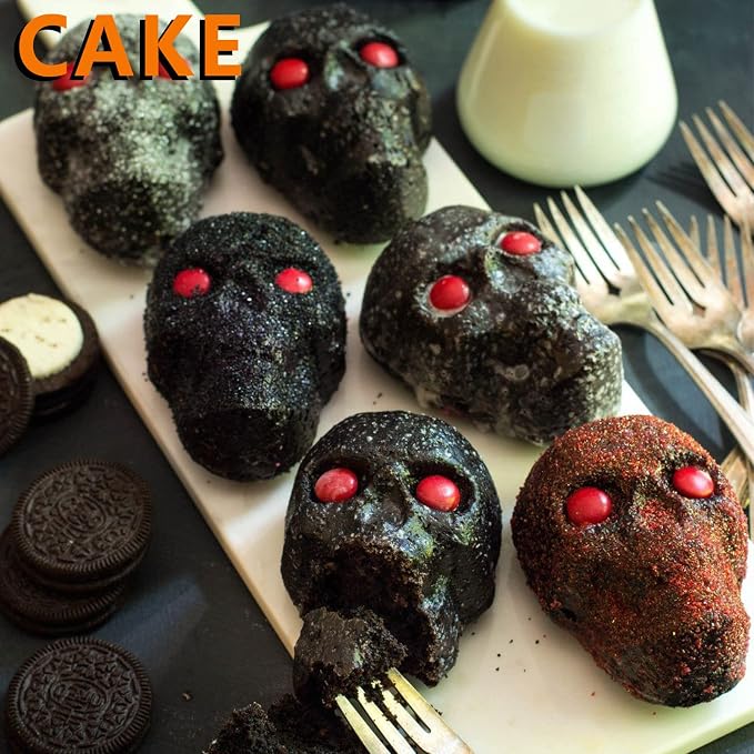 Sakolla Large Skull Cake Pan Silicone Mold, 2 Pack 6 Cavity Halloween Skull - Image 3