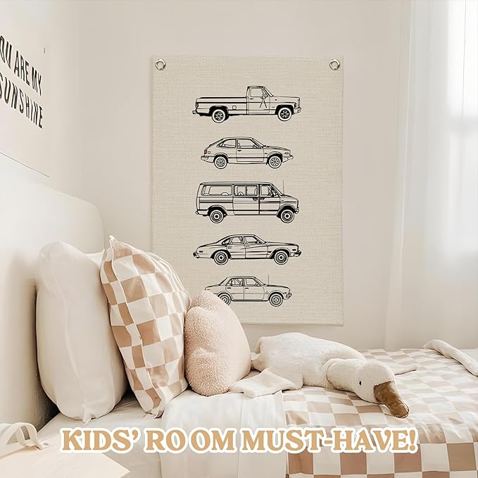 Toddler Boy Room Decor, Vintage Car Linen Canvas Banner, Retro Car Room Decor Wall Hanging Flag Banner for Little Boy Bedroom,Playroom Nursery 18x25 Inch