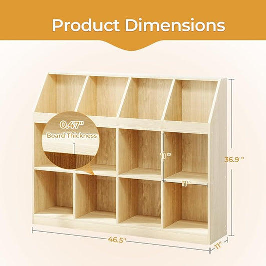 12-Cube Wooden Storage Bookcase - 11-Inch Open Shelf Cabinet, Simple Modern Bookshelf Organizer for Home Office, Living Room, Oak