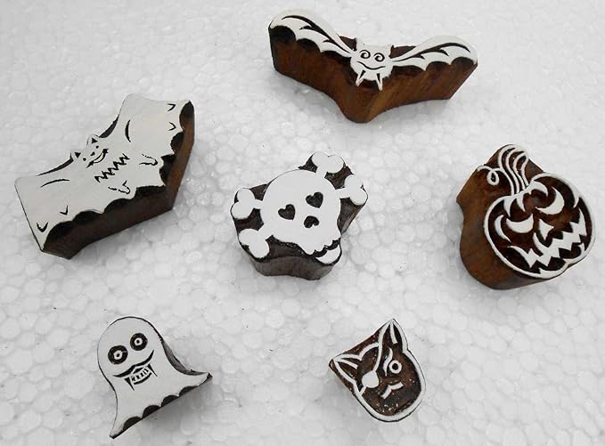 Handcarved Wooden Block Printing Stamps (Set of 6) for Textile Designing/ Craft printing pattern for Saree/ Scrapbookng/ Tattoo/ Halloween Designs