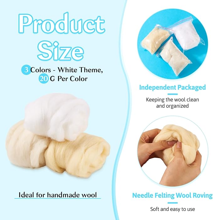 Boutigem 60G 3 Colors White Needle Felting Wool, Soft Chunky White Wool Roving - Image 2