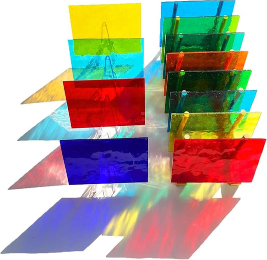 24 Sheets Rainbow Transparent Stained Glass Sheet Value Pack, 6 X 4 inches Cathedral Art Glass Mosaic Tiles for Crafts, Stained Glass Supplies for Stained Glass or Mosaic Projects