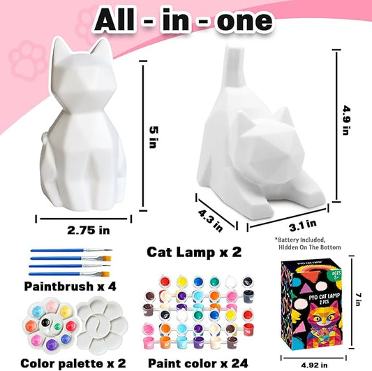 FUNZBO 2pcs Paint Your Own Cat Lamp Kit - Halloweens Arts and Crafts Supplies Kitten Painting Kits for Kid Teen, DIY Night Light Toy for Toddlers Girl Boy Age 3 4 5 6 7 8 9 10 11 12 13 + Birthday Gift