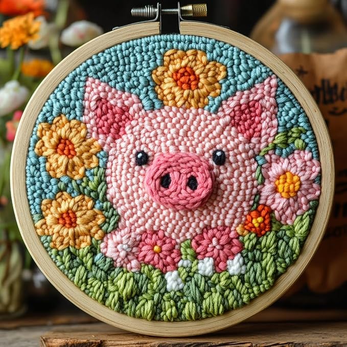 DIY Punch Needle Kits Cute Pig in Flowers Easy by Unknown