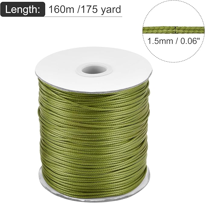 MECCANIXITY Waxed Cord 1.5mm Waxed Polyester Cord 175 Yard Wax String for Bracelet Making,Necklaces, Beading,Jewelry Making and DIY Crafts(Army Green)