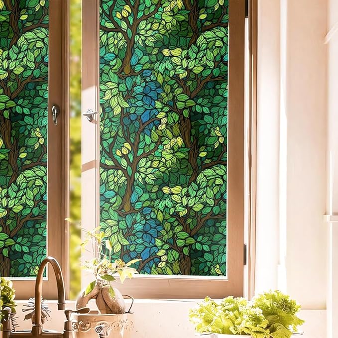 Green Leaf Forest Tree Blue Stained Glass Window Films Decorative Double-Side by Unknown