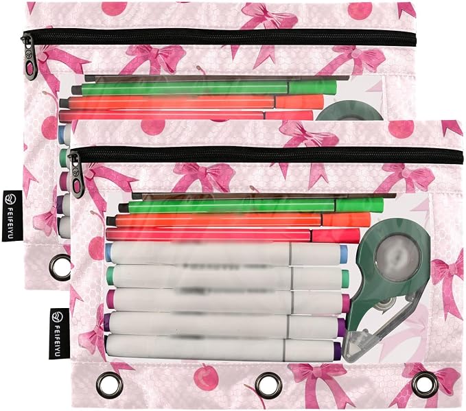 Pink Bows Cherry Pencil Pouch for 3 Ring Binder, 2 Pack Waterproof Pencil Bags - Image 2