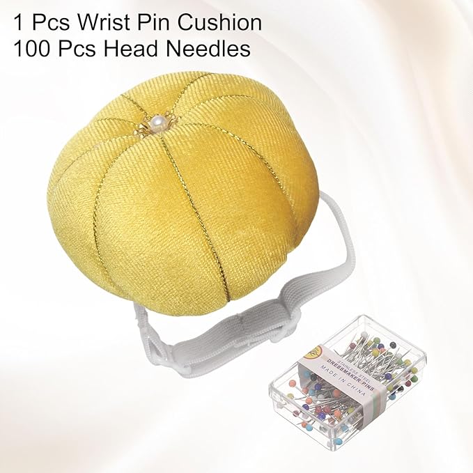 HARFINGTON Wrist Pin Cushion Wristband Sewing Pincushion Polyester Pin Holder Wearable Pumpkin Shaped Needles Wristband with 100 Head Needles for Sewing Quilting DIY Crafts, Yellow