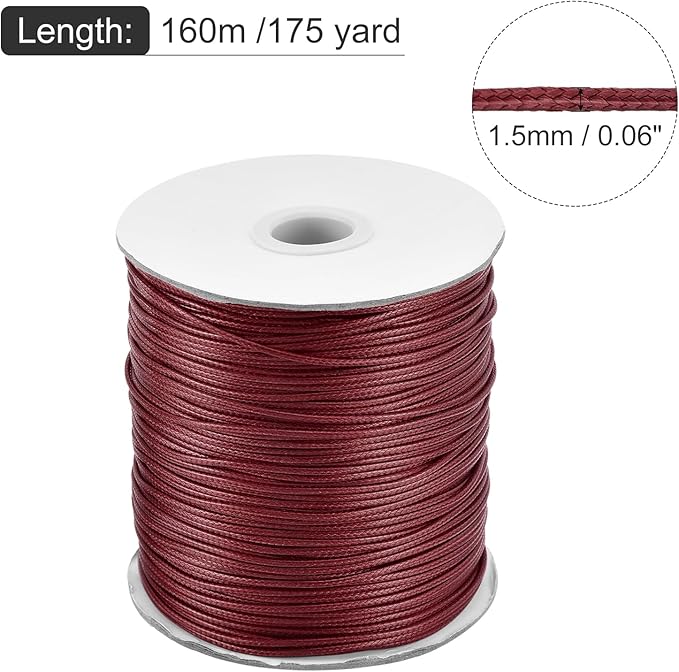 MECCANIXITY Waxed Cord 1.5mm Waxed Polyester Cord 175 Yard Wax String for Bracelet Making,Necklaces, Beading,Jewelry Making and DIY Crafts(Dark Red)