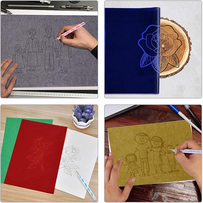 120pcs A4 Transfer Paper with 5pcs Embossing Stylus,Tracing Paper Copy Paper Carbon Water-Soluble Transfer Paper for Transfer Pattern on Fabric,Wood,Cross Stitch Cloth,Paper, Hand Painting