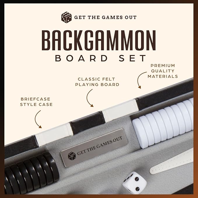 Get The Games Out Backgammon Set, Classic Board Game Case, 2 Players, Includes Strategy & Tip Guide, Perfect for Parties and Family Game Nights - Large, Black