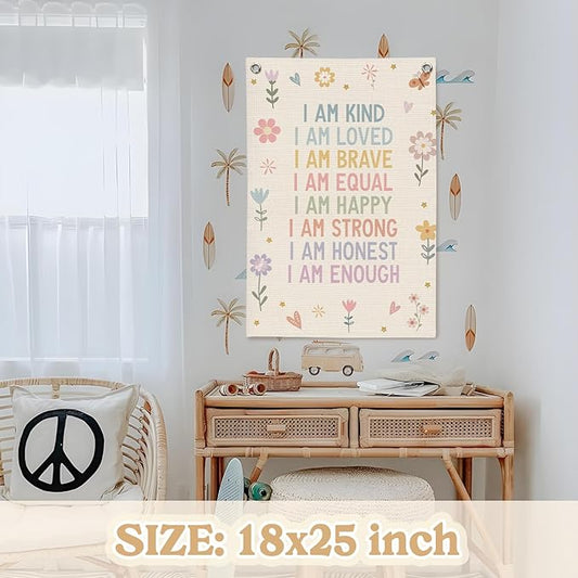 Affirmations Wall Hanging Art for Kids, Flower Wall Art I Am Kind Linen Canvas Banner, Girls Room Decor, Kid's Bedroom, Affirmations Wall Banner, Inspirational Nursery Decor 18x25 Inch