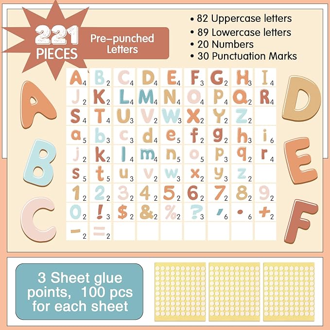 221 Pcs Bulletin Board Letters Round Alphabet Number Punctuation Symbol Combo Letter Cutouts Classroom Decoration for School Classroom Chalkboard Poster Board(Retro Boho)
