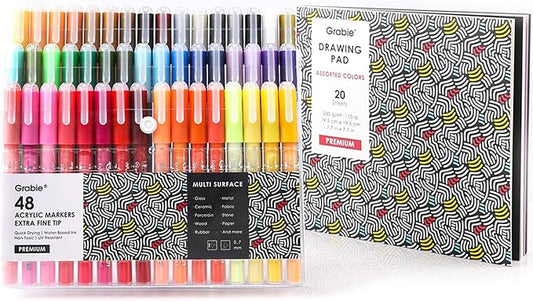 Grabie Acrylic Paint Pens Markers, 48 Colors, 0.7 mm, Extra Fine Tip Drawing Markers, Premium Paint Pens for Painting on Various Surface, Art Supplies, Set of 48