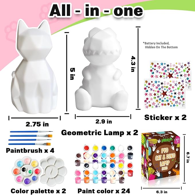 FUNZBO 2Pcs Paint Your Own Dinosaur & Cat Lamp - Halloweens Arts and Crafts Supplies Painting Kits for Kids Teen, DIY Night Light Toy for Toddler Girl Boy Age 3 4 5 6 7 8 9 10 11 12 13 + Birthday Gift