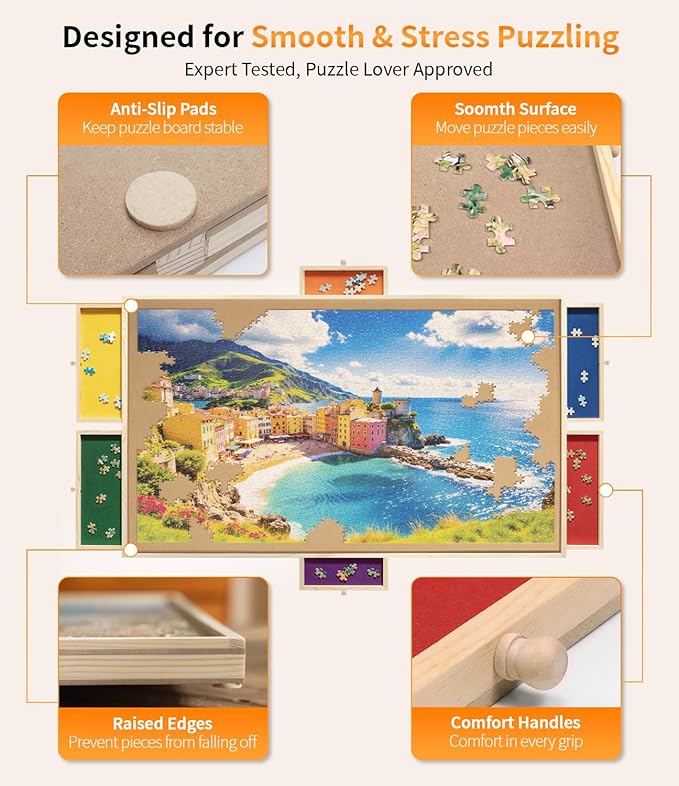 1000 Piece Rotating Puzzle Board Pro, 29" x 21" with 6 Drawers, Rubber Cover Mat, 360° Lasy Susan, Sort-Wise Colorful Felt Drawers & 4 Trays, Wooden Jigsaw Puzzle Table, Birthday Gifts for Mom