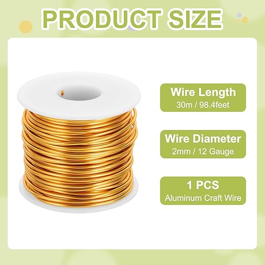 MECCANIXITY 12 Gauge Anodized Aluminum Craft Wire Bendable Bonsai Training Wire 98 Feet 2mm for Sculpting Crafts Wreath Floral Beading Jewelry Making, Yellow