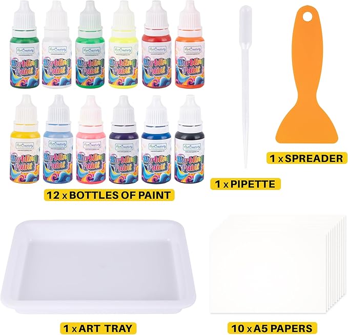 ArtCreativity Water Marbling Paint Art Kit for Kids - Complete Set with 12 Paint Colors, 10 Bags Thickening Powder, 10 A5 Papers, and More - Marble Art Painting Kit - Crafts for Kids Ages 3 and Up