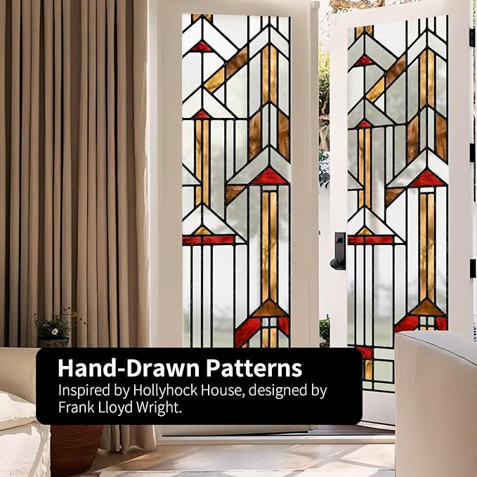 Original Hand Drawn Stained Glass Window Film Amber Geometry Patterns Inspired - Image 2