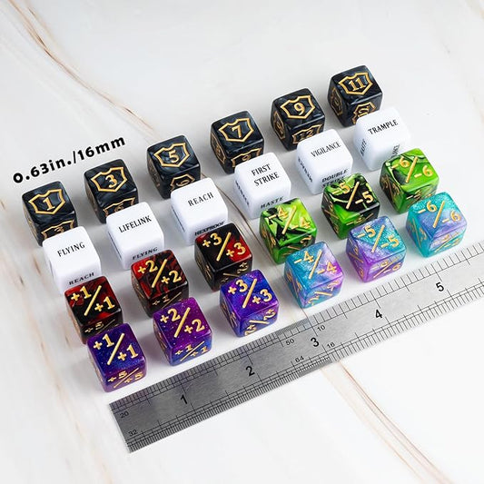 63 Pieces MTG Dice Counters Bulk Ability Keywords MTG Tokens Shield Life Counter 6 Sided Dice Set for Magic The Gathering,TCG,Cards Gaming Accessories