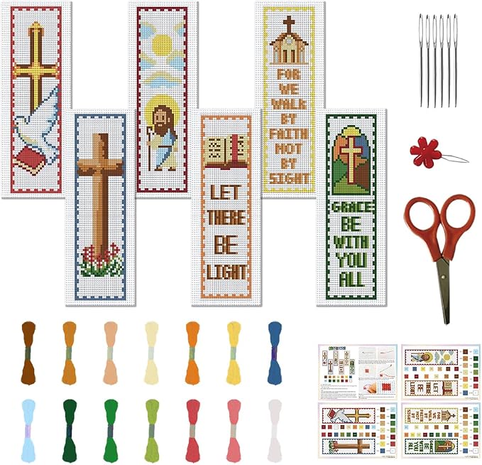 FREEBLOSS 22*8cm 6 Set Cross Stitch Bookmark Kits Plaid Biblical Themes Cross by FreeandCreativeCraftsArt