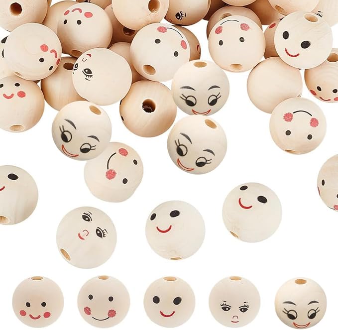 OLYCRAFT 40Pcs 5 Style Smiling Face Wooden Beads 25mm Round Painted Wooden Beads by OLYCRAFT