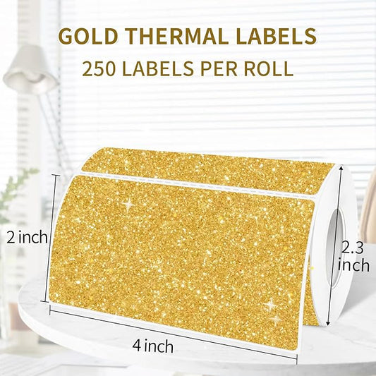 2" x 4" Glitter Gold Thermal Label Stickers,Waterproof Thermal Printer Sticker Labels for Gift Wrapping, Self-Adhesive Name Price Tag DIY Custom Logo Design (250 pcs,Silver)