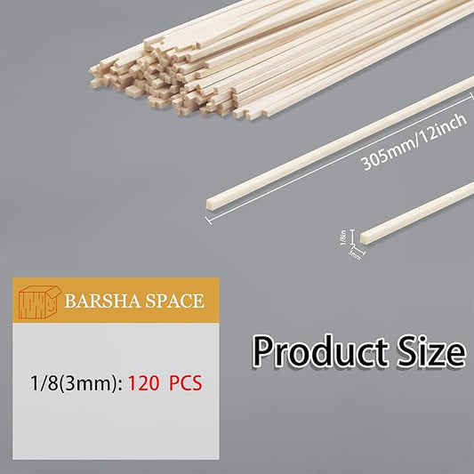 120Pcs Balsa Wood Sticks,Wood Strips Balsa Square Wooden Dowels Hardwood Unfinished Wood Sticks for Crafts DIY Projects Models Making Supplies (12” X 1/8” X 1/8” 120Pcs)