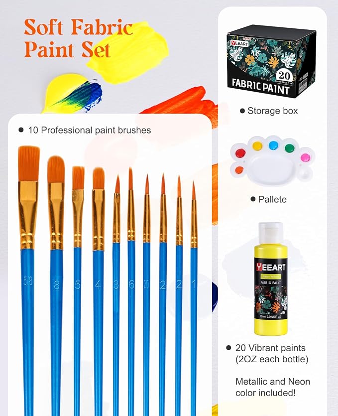 Fabric Paint, Yeeart 20 Colors Permanent Soft Fabric Paint Set - Image 2