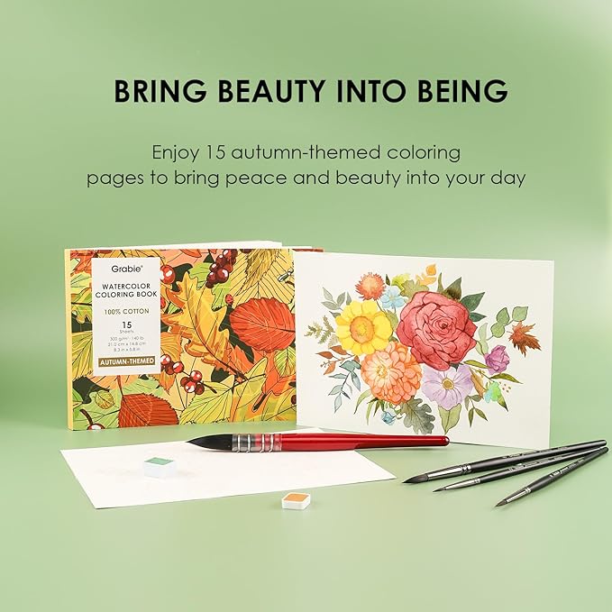 Grabie Watercolor Coloring Book, 15 Sheets A5 (8.3 x 5.8),Watercolor Book for Adults: Ignite Your Artistic Expression on 100% Cotton Paper (Autumn-Themed)