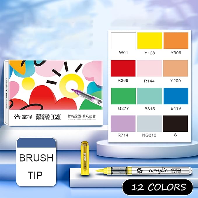 12 Colors Acrylic Paint Markers Set, Water Based Acrylic Paint Pens With Visual Ink Window,Soft Brush Tip Acrylic Markers for canvas, Egg, rock painting,Wood, Stone, Glass, Fabric and DIY Crafts Art