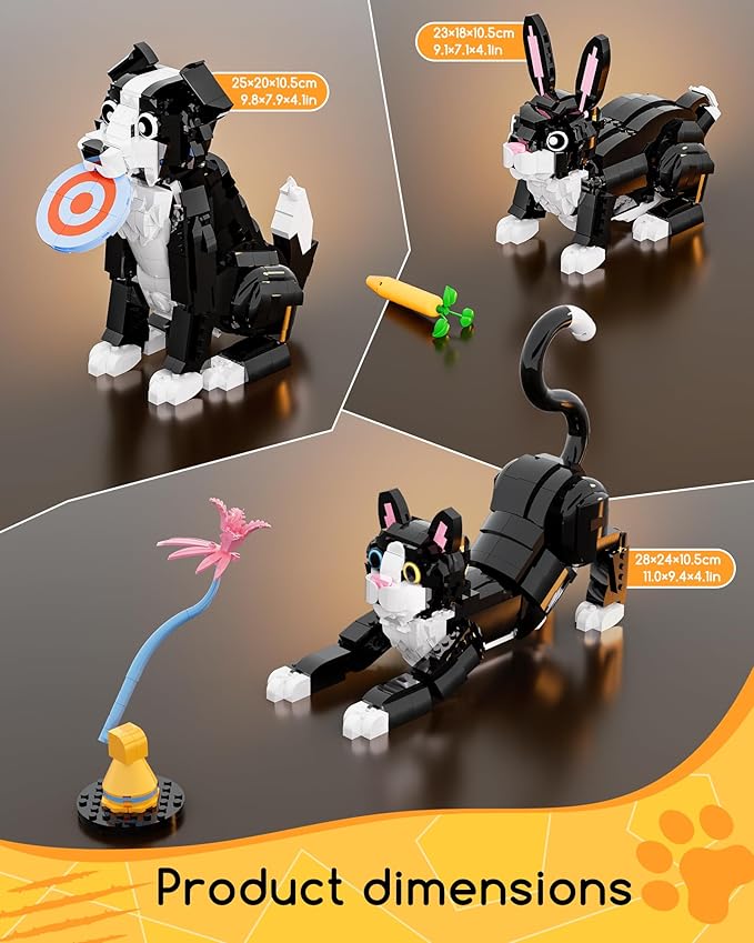 3 in 1 Animal Tuxedo Cat Building Set - Animal Figurines with 3 Building Options into Cat, Dog, or Rabbit - Learning Toy, Birthday Gift for Kids, Girls & Boys Ages 6+