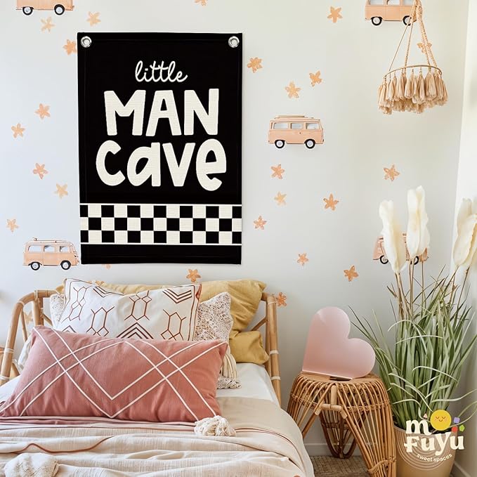 Boy Room Decor,Little Man Cave Sign for boys,Little Man Cave Linen Canvas Banner,Kids Room Wall Hanging Flag Banner, Adventure Nursery Sign for Baby and Kids, Playroom Wall Hanging Flag 18x25 Inch