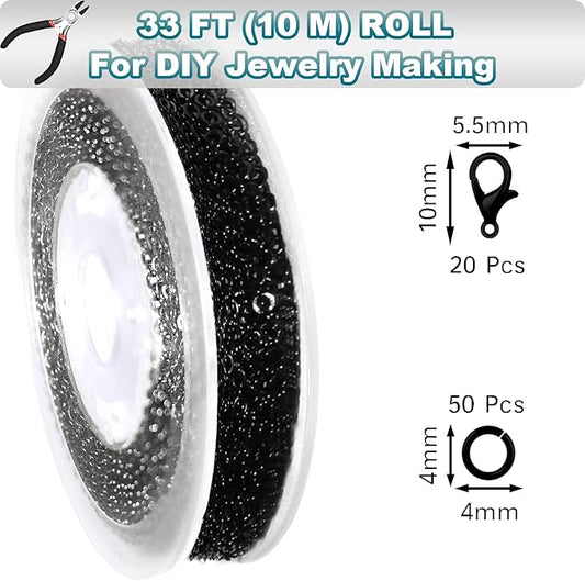 Jishi 33ft Link Cable Chain Roll 2mm, Black Chain for Jewelry Making Necklace Earring Bracelet DIY Craft Jewelry Making Findings Supplies, Black Plated Iron Metal Rolo Necklace Chain Spool Set