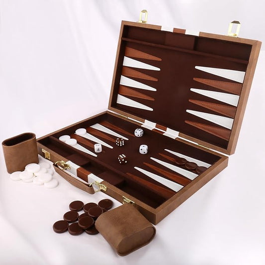 Backgammon Set - Classic Board Game with Premium Leather Case - Portable Travel Strategy Backgammon Game Set for Adults, Kids (11inch, Khaki)