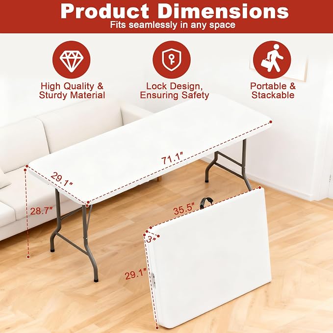 Elevon Folding Table Set of 2, 6 Feet Heavy Duty Fold-in-Half Utility Table - Image 2