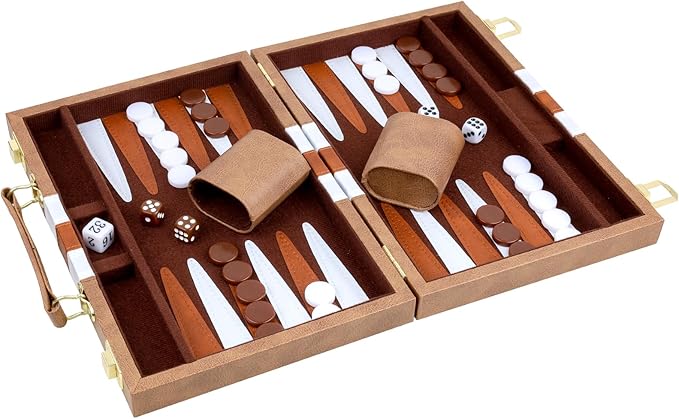 Backgammon Set 2 Players Classic Backgammon Sets for Adults Board Game with PU Leather Case Portable and Travel Backgammon Set (Retro Brown, 18inch)