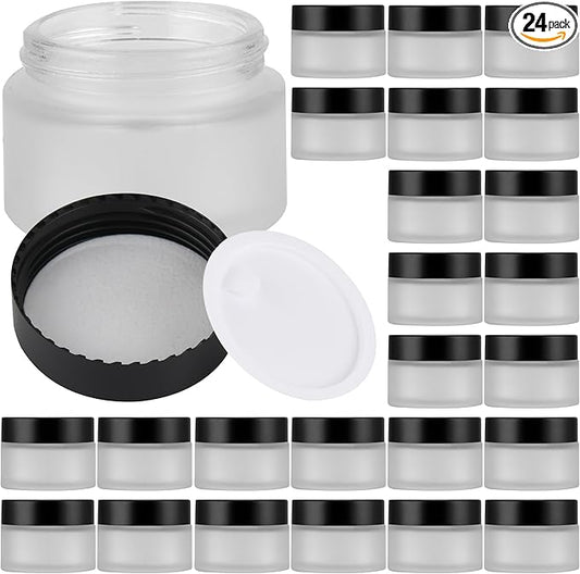 Glass Jars with Lids,Eco-Friendly Cosmetic Containers with Airtight Black Lids & Liners, Multi-Color Options for Cream, Lotion, Body Butter, DIY Skincare Travel Jars (Clear Frosted, 1oz)