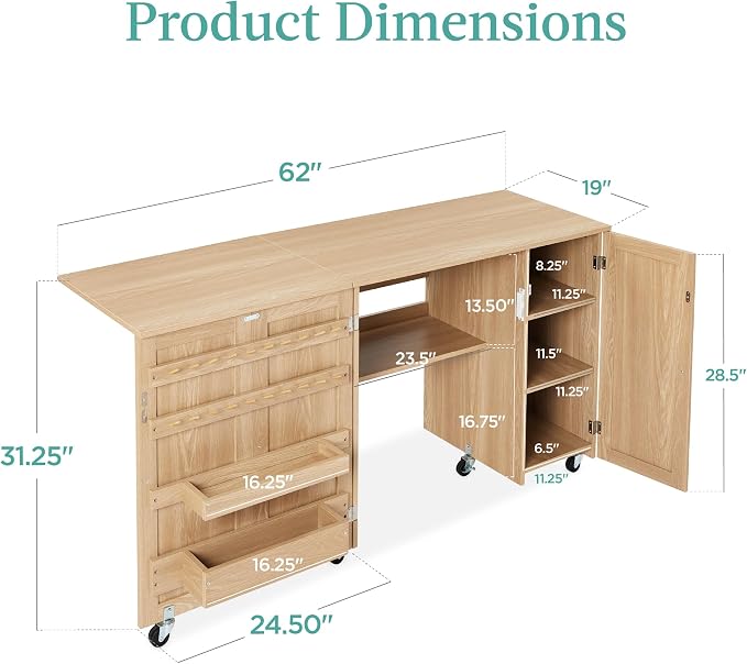 Best Choice Products Large Folding Sewing Table, Caster Wheels, Storage Shelves - Image 2