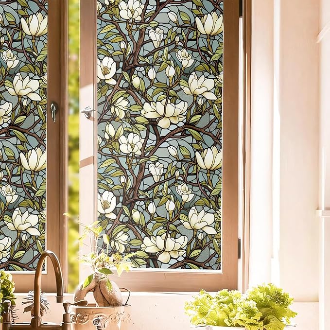 White Magnolia Floral Tree Green Leaf Vintage Stained Glass Window Films by Unknown