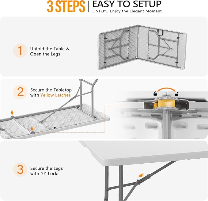VINGLI 8 Foot Plastic Folding Table Portable Long Table - Image 5