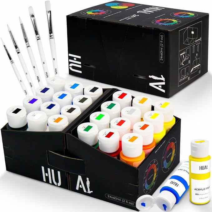 HUAL Acrylic Paint Set With 5 Brushes, 24 Colors by HUALART