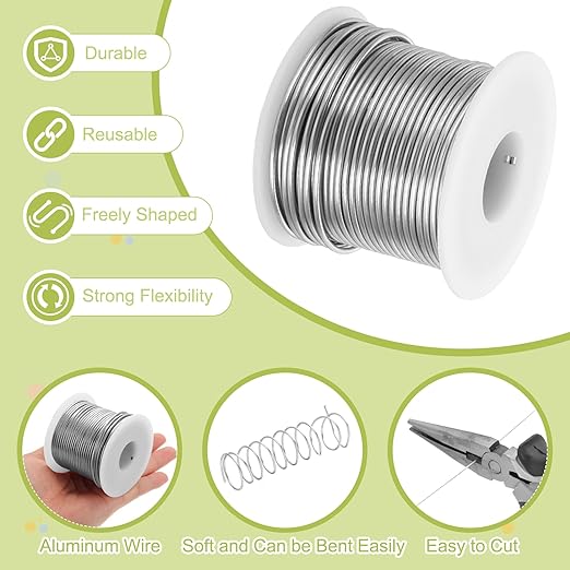 MECCANIXITY 12 Gauge Anodized Aluminum Craft Wire Bendable Bonsai Training Wire 98 Feet 2mm for Sculpting Crafts Wreath Floral Beading Jewelry Making, Silver Tone