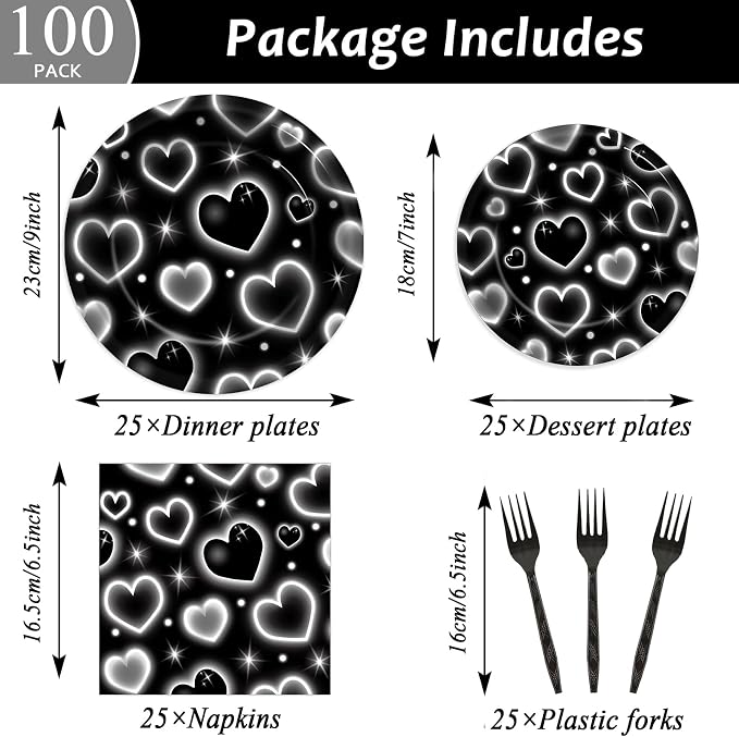 Qyeahkj 100 Pcs 2000s Party Plates Napkins Forks Set Black Heart Tableware - Image 2