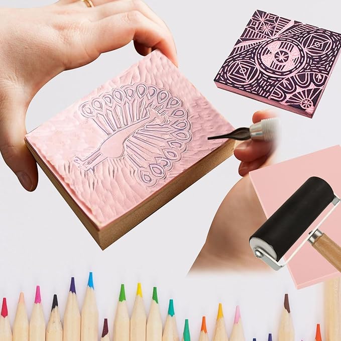 10 Pack Rubber Stamp Making Kit - Block Printing Kit，Linoleum Carving Tools with 8 Type Blades, 8 Pcs Pink Rubber Carving Block and Rubber Brayer Roller