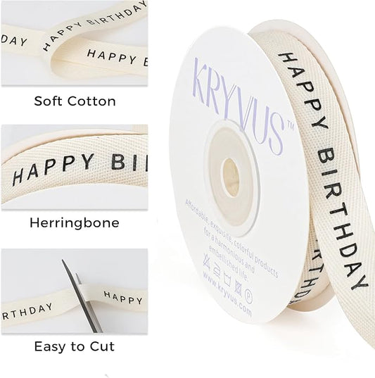 Happy Birthday Ribbon - 5/8 Inch x 12 Yards Natural Twill Tape Ribbon, Cotton Herringbone Ribbons for Gift Wrapping, Birthdays, Christmas, Anniversaries, Mother's Day