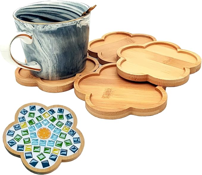 4PCS Mosaic Bamboo Coasters for Crafts, Blank Base Trays, Drinking Cup Coaster by Esweny